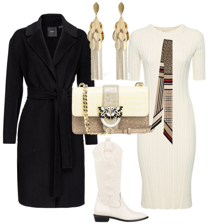 Outfit donna - Casual chic serata o evento. Stile Casual chic per Serata fuori. Abbinamento con stivali, borse a tracolla, cappotti, foulard, orecchini, vestiti.