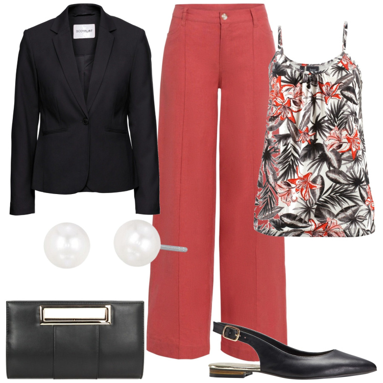 Outfit donna - Pantaloni bellissimi. Stile Casual chic per Tutti i giorni. Abbinamento con pantaloni a palazzo, top, blazer, ballerine, orecchini, pochette.