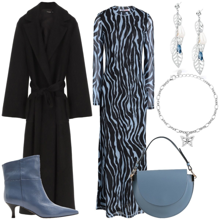 Outfit donna - Avion e nero. Stile Casual chic per Tutti i giorni. Abbinamento con vestiti lunghi, borse a mano, stivaletti, orecchini, braccialetti con ciondoli, cappotti.