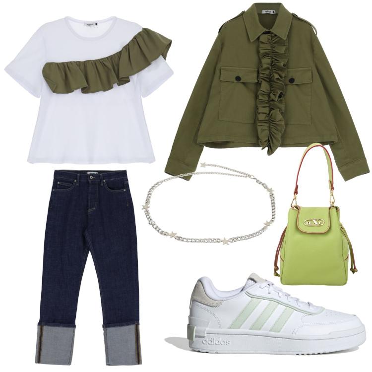 Outfit donna - Tempo libero. Stile Casual chic per Ufficio. Abbinamento con t-shirt, blazer, jeans slim fit, borse a secchiello, cinture, sneakers.