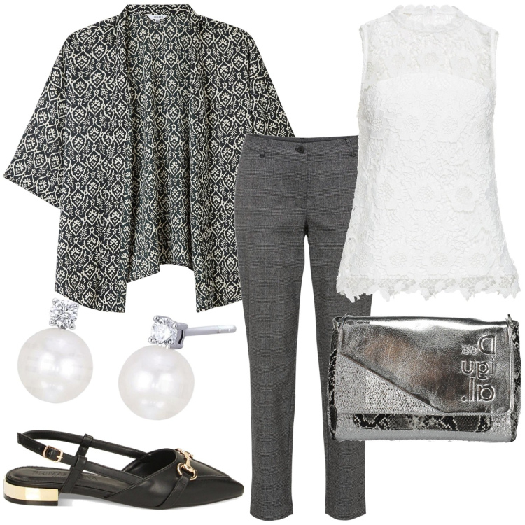 Outfit donna - Casual chic. Stile Casual chic per Tutti i giorni. Abbinamento con pantaloni, top, blazer, orecchini, ballerine, borse a spalla.