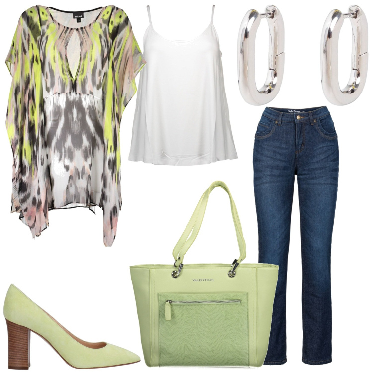 Outfit donna - Jeans e fantasia. Stile Glamour per Tutti i giorni. Abbinamento con jeans dritti, décolleté, orecchini, borse a spalla, vestiti corti, canottiere.