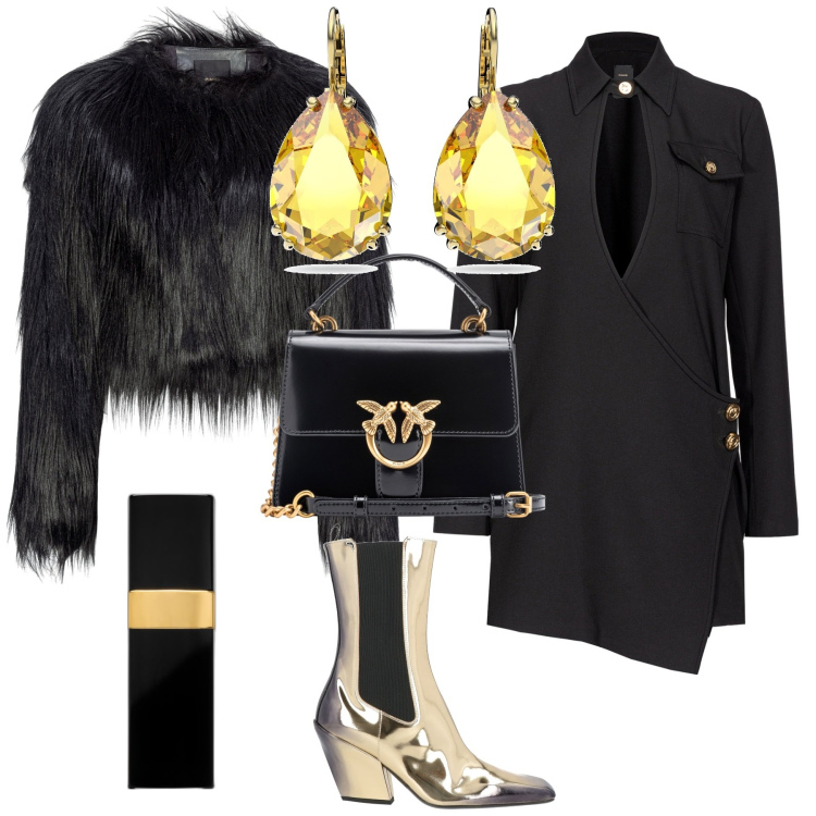 Outfit donna - Serata evento glamour. Stile Glamour per Serata fuori. Abbinamento con stivaletti chelsea, orecchini, profumi, vestiti chemisier, blazer, borse a tracolla.