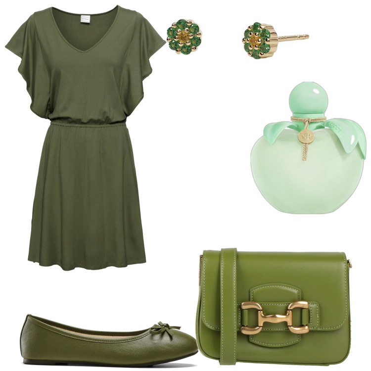 Outfit donna - Vestito verde militare e non. Stile Casual chic per Tutti i giorni. Abbinamento con vestiti, ballerine, borse a tracolla, profumi, orecchini.