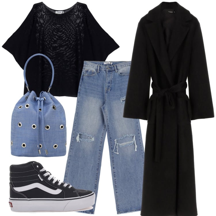 Outfit donna - Total look #1834321. Stile Basic per Tutti i giorni. Abbinamento con cappotti, maglieria, jeans dritti, borse a secchiello, sneakers.