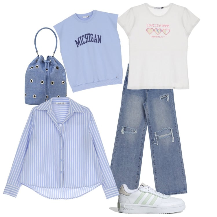 Outfit donna - Jeans. Stile Casual per Tutti i giorni. Abbinamento con camicie, felpe, jeans dritti, t-shirt, borse a secchiello, sneakers.