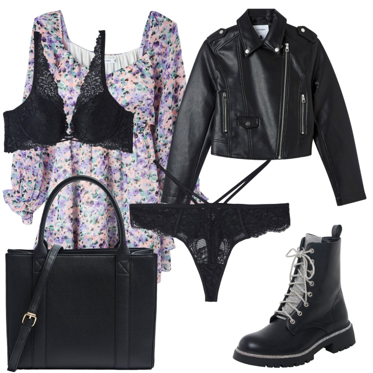 Outfit donna - Il Pizzo nero. Stile Sexy per Tutti i giorni. Abbinamento con vestiti corti, reggiseni, anfibi, giacche, shopping bag, culotte.