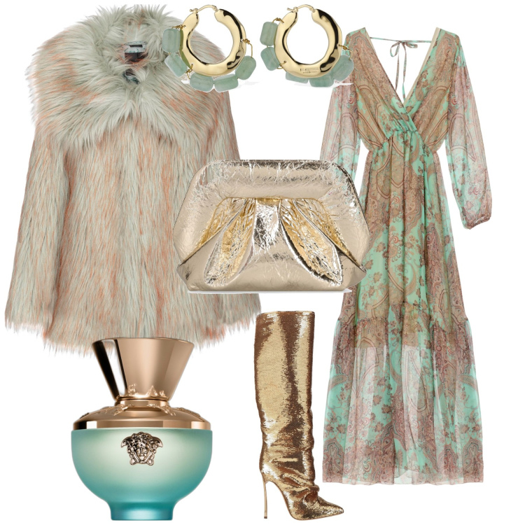 Outfit donna - Serata evento glamour. Stile Glamour per Serata fuori. Abbinamento con stivali, profumi, cappotti, vestiti lunghi, orecchini, pochette.