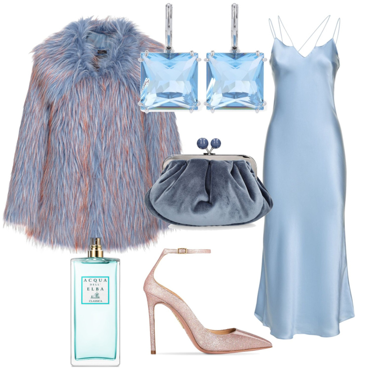 Outfit donna - Serata evento glamour. Stile Glamour per Serata fuori. Abbinamento con profumi, cappotti, vestiti, orecchini, pochette, décolleté.