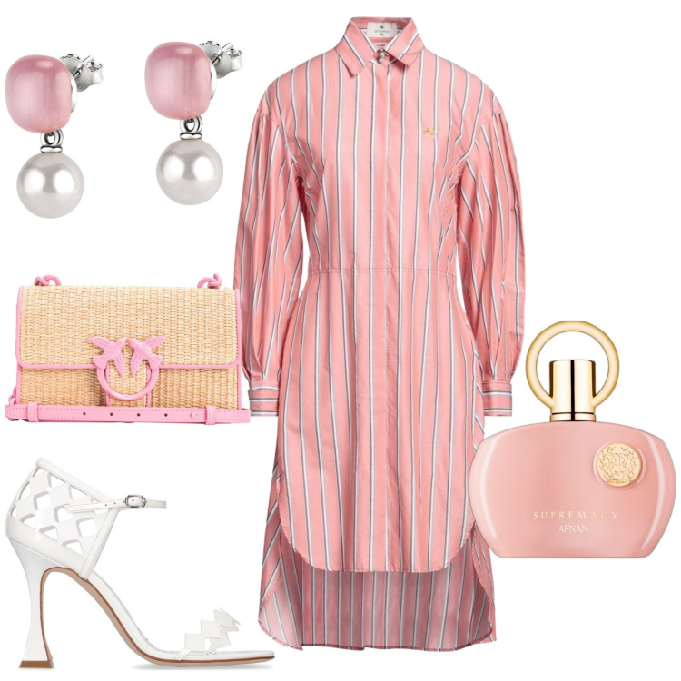 Outfit donna - Chemisier. Stile Casual per Tutti i giorni. Abbinamento con vestiti, orecchini, profumi, borse a tracolla, sandali in pelle.