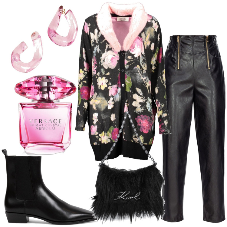 Outfit donna - Maglia fiorata. Stile Casual per Tutti i giorni. Abbinamento con borse a mano, orecchini, profumi, pantaloni, maglieria, stivaletti chelsea.