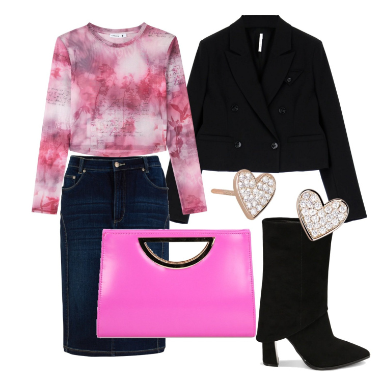 Outfit donna - Ghost outfitter - marzo. Stile Trendy per Tutti i giorni. Abbinamento con gonne, t-shirt, orecchini, blazer, stivaletti, pochette.