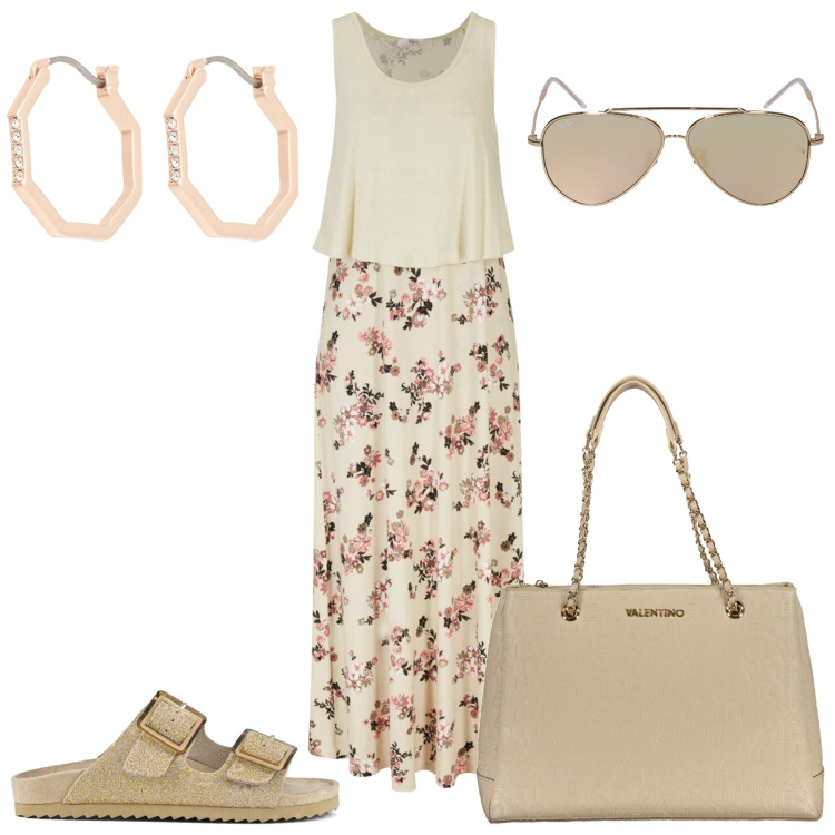 Outfit donna - Invitata al pranzo in libertà. Stile Casual chic per Tutti i giorni. Abbinamento con vestiti lunghi, orecchini, occhiali da sole, sandali, borse a spalla.