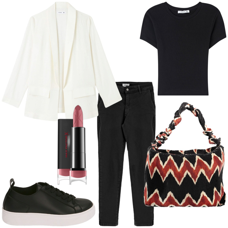 Outfit donna - Il blazer casual. Stile Casual per Tutti i giorni. Abbinamento con rossetti, t-shirt, blazer, jeans slim fit, sneakers, borse a spalla.