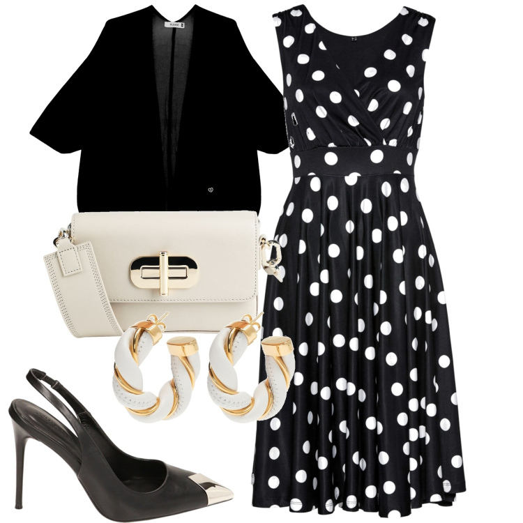 Outfit donna - Pois. Stile Vintage retrò per Tutti i giorni. Abbinamento con vestiti, borse a spalla, orecchini, cardigans, décolleté.