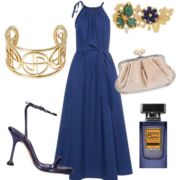 Outfit donna - Total look #1834483. Stile Chic per Tutti i giorni. Abbinamento con profumi, sandali in pelle, orecchini, braccialetti, vestiti, pochette.