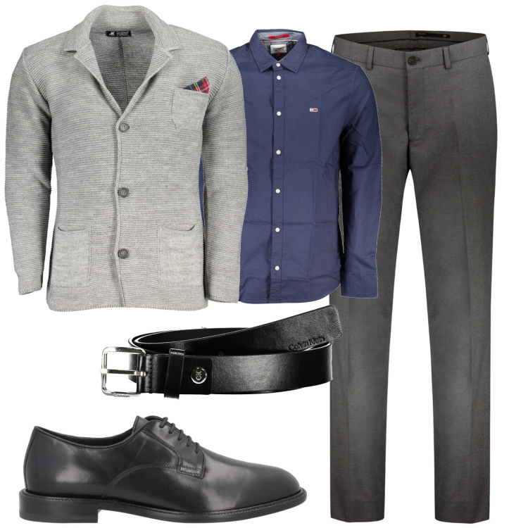 Outfit uomo - In ufficio. Stile Business/Elegante per Tutti i giorni. Abbinamento con scarpe stringate, pantaloni, cardigans, camicie, cinture.