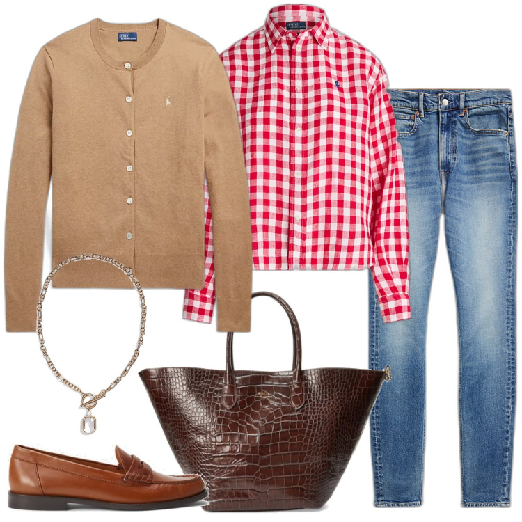 Outfit donna - Ralph Lauren. Stile Casual per Scuola/Università. Abbinamento con cardigans, borse tote, jeans slim fit, collane, mocassini, camicie.