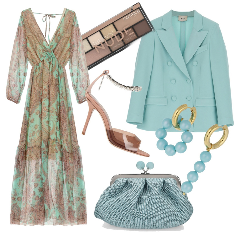 Outfit donna - Tonalità delicate per una cerimonia. Stile Glamour per Cerimonia. Abbinamento con sandali in pelle, ombretti, vestiti lunghi, blazer, pochette, orecchini.