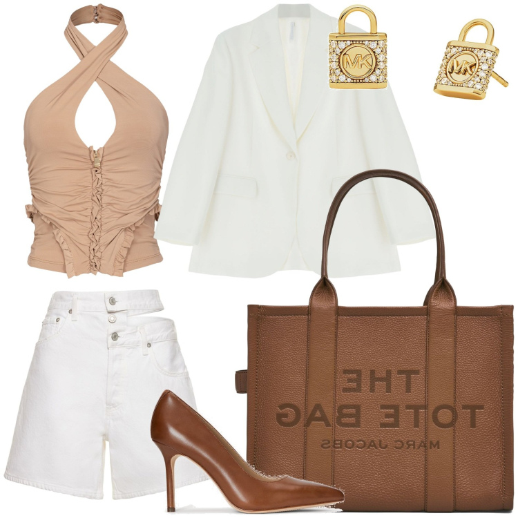 Outfit donna - White fashion. Stile Casual chic per Tutti i giorni. Abbinamento con orecchini, top, blazer, décolleté, borse tote, shorts.