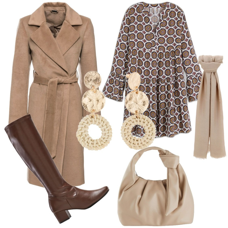 Outfit donna - Una giornata ventosa. Stile Boho per Ufficio. Abbinamento con stivali, borse a mano, orecchini, vestiti, cappotti, foulard.