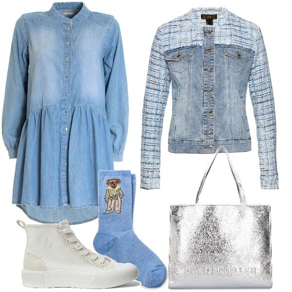 Outfit donna - Total look #1834525. Stile Urban per Tutti i giorni. Abbinamento con blazer, sneakers alte, vestiti chemisier, calzini, shopping bag.