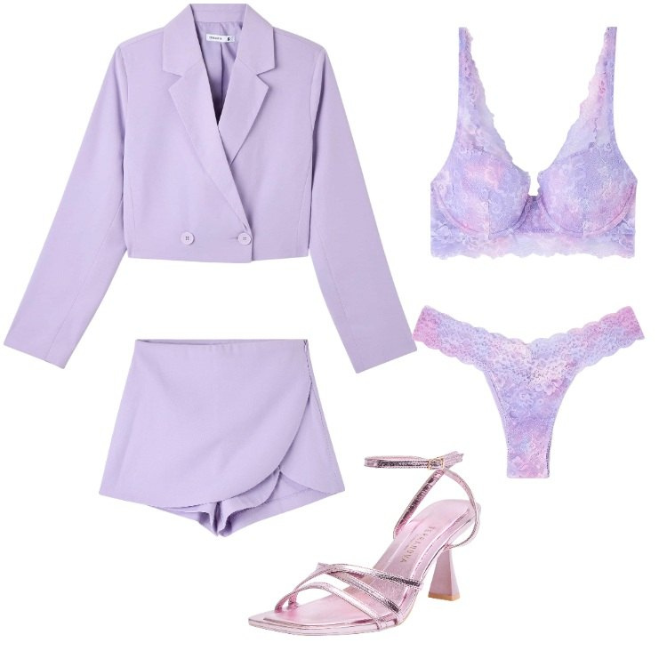 Outfit donna - Glicine - Marzo. Stile Glamour per Cerimonia. Abbinamento con blazer, culotte, reggiseni, sandali col tacco, gonne.