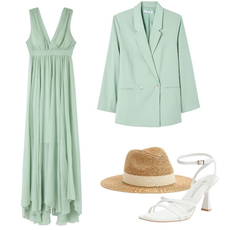 Outfit donna - Salvia chiaro - Marzo. Stile Glamour per Cerimonia. Abbinamento con vestiti lunghi, blazer, sandali col tacco, cappelli.