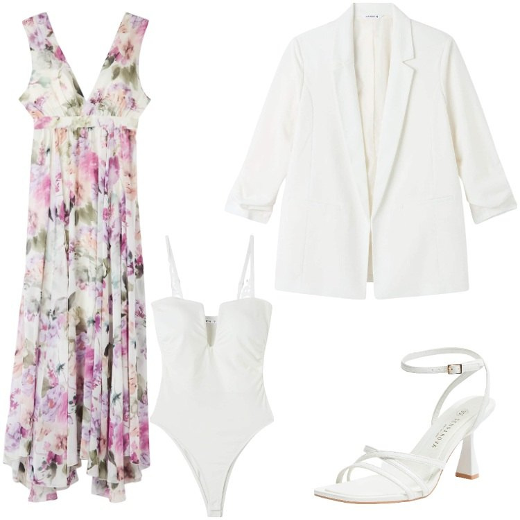 Outfit donna - Stampa floreale - Primavera. Stile Glamour per Cerimonia. Abbinamento con vestiti lunghi, body, blazer, sandali col tacco.