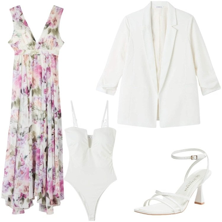 Outfit donna - Stampa floreale - Primavera. Stile Glamour per Cerimonia. Abbinamento con vestiti lunghi, body, blazer, sandali col tacco.