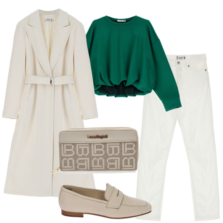 Outfit donna - Tra grigio e bianco. Stile Minimal per Tutti i giorni. Abbinamento con cappotti, felpe, jeans, mocassini, portafogli.