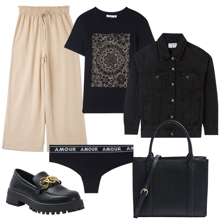 Outfit donna - Terranova SS24. Stile Urban per Tutti i giorni. Abbinamento con pantaloni, t-shirt, mocassini, blazer, culotte, shopping bag.
