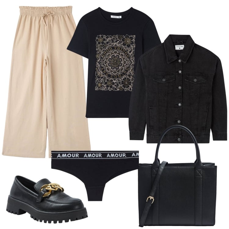 Outfit donna - Terranova SS24. Stile Urban per Tutti i giorni. Abbinamento con pantaloni, mocassini, t-shirt, blazer, culotte, shopping bag.