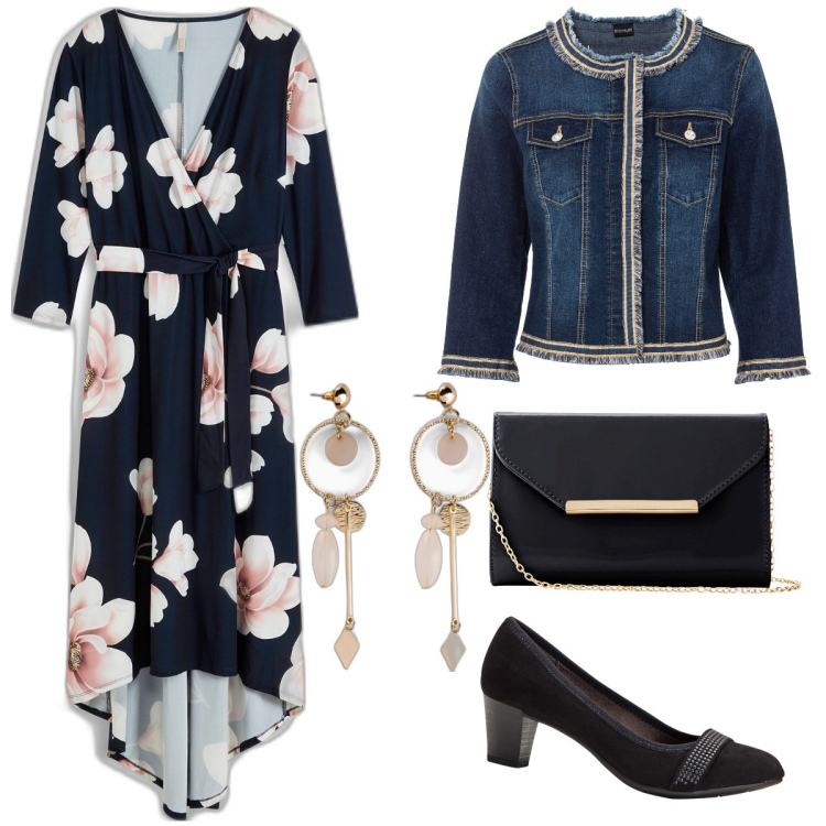 Outfit donna - Bonprix. Stile Romantica per Tutti i giorni. Abbinamento con vestiti lunghi, blazer, décolleté, orecchini, pochette.