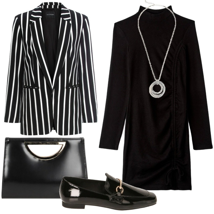 Outfit donna - Anna: l\'avvocata. Stile Chic per Ufficio. Abbinamento con blazer, collane, vestiti corti, mocassini, pochette.