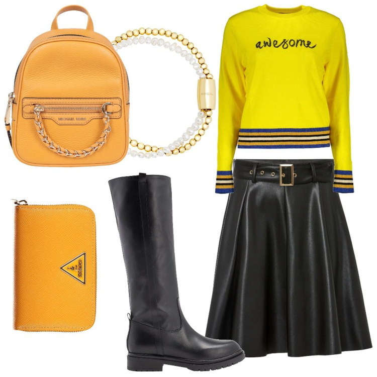 Outfit donna - Corinne: voglia di colore. Stile Casual chic per Tutti i giorni. Abbinamento con gonne, zaini, stivali, braccialetti, maglieria, portafogli.