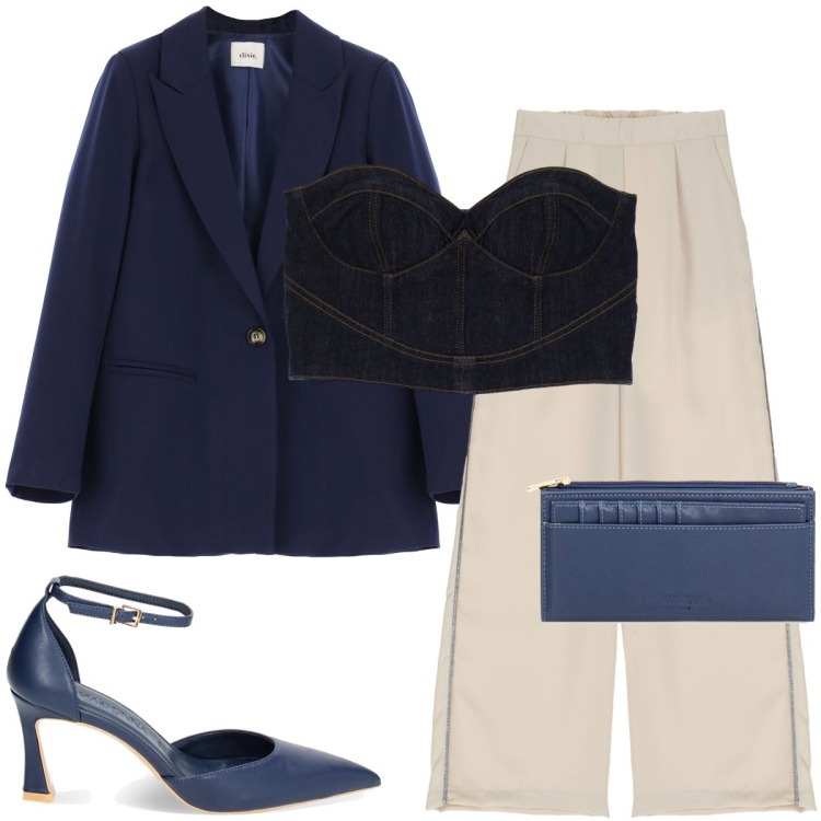 Outfit donna - Vacanza Mediterranea. Stile Casual chic per Serata fuori. Abbinamento con portafogli, décolleté, pantaloni a palazzo, top, blazer.
