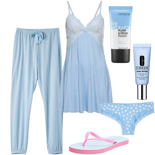 Outfit donna - Notte in celeste. Stile Basic per Tutti i giorni. Abbinamento con vestaglie, primer, primer, slip, pantaloni, infradito.