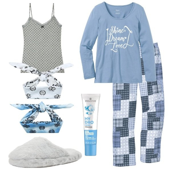 Outfit donna - Notte. Stile Basic per Tutti i giorni. Abbinamento con pigiama, primer, magliette intime, pantofole, fasce per capelli.