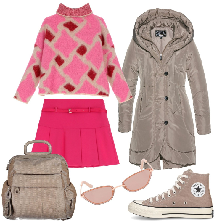 Outfit donna - La mini fluo. Stile Urban per Scuola/Università. Abbinamento con blazer, minigonne, maglieria, sneakers, zaini, occhiali da sole.