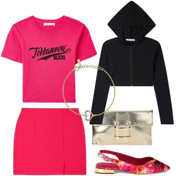Outfit donna - Total look #1834640. Stile Trendy per Tutti i giorni. Abbinamento con cardigans, minigonne, t-shirt, braccialetti, ballerine, pochette.