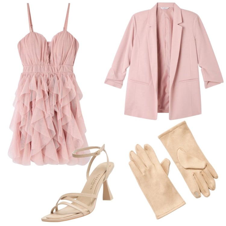 Outfit donna - Terranova ss24. Stile Romantica per Cerimonia. Abbinamento con vestiti corti, guanti, blazer, sandali col tacco.