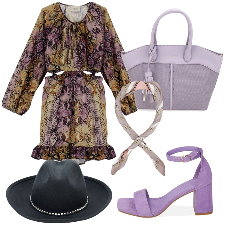 Outfit donna - Total look #1834652. Stile Casual chic per Tutti i giorni. Abbinamento con foulard, sandali col tacco, vestiti corti, cappelli, borse a mano.