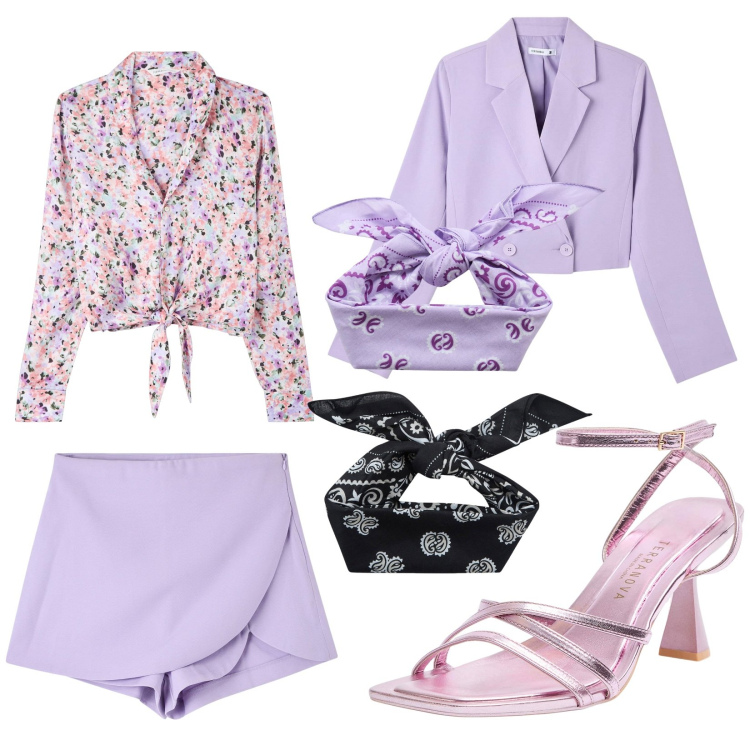 Outfit donna - Total look #1834653. Stile Glamour per Tutti i giorni. Abbinamento con gonne, blazer, camicie, fasce per capelli, sandali col tacco.