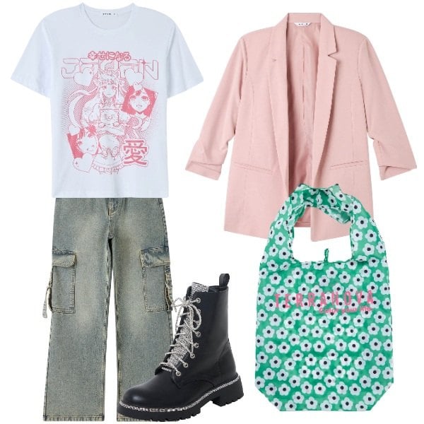 Outfit donna - La moda teen di Terranova primavera 2024. Stile Trendy per Scuola/Università. Abbinamento con anfibi, blazer, jeans, t-shirt, shopping bag.
