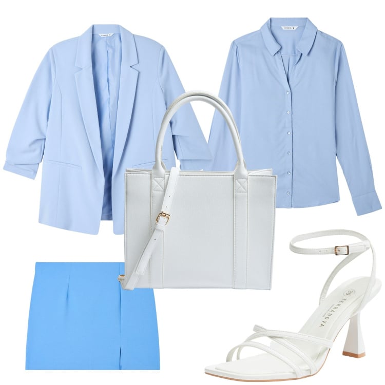 Outfit donna - Total look #1834657. Stile Casual chic per Tutti i giorni. Abbinamento con camicie, minigonne, sandali col tacco, shopping bag, blazer.