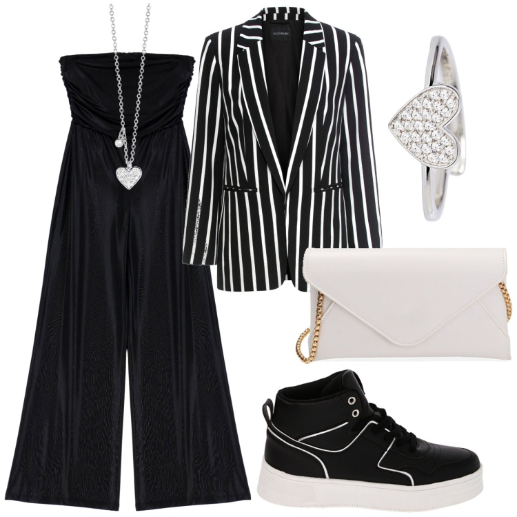 Outfit donna - Cuori d\'argento. Stile Sporty chic per Tutti i giorni. Abbinamento con blazer, collane, anelli, tute, pochette, sneakers.