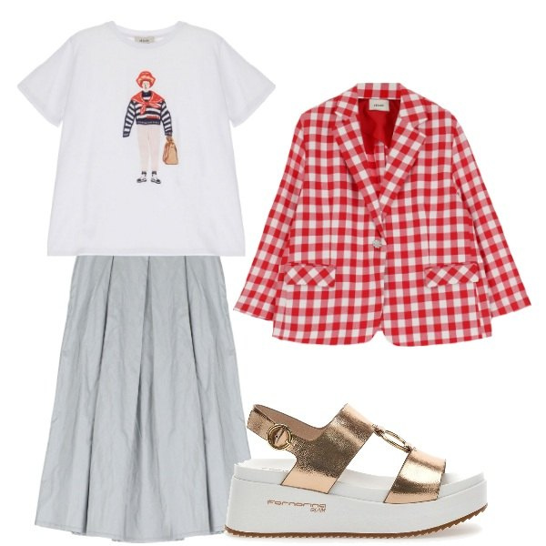 Outfit donna - Total look #1834673. Stile Glamour per Tutti i giorni. Abbinamento con t-shirt, blazer, gonne longuette, sandali.