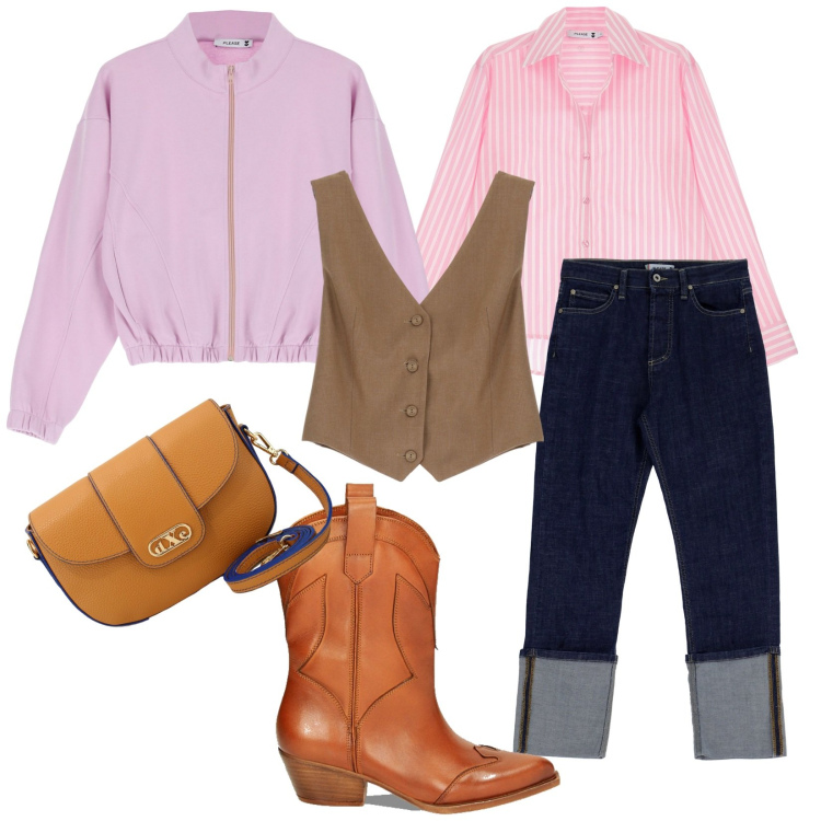 Outfit donna - Please è primavera. Stile Casual per Tutti i giorni. Abbinamento con jeans slim fit, camicie, gilet, felpe, stivaletti, pochette.