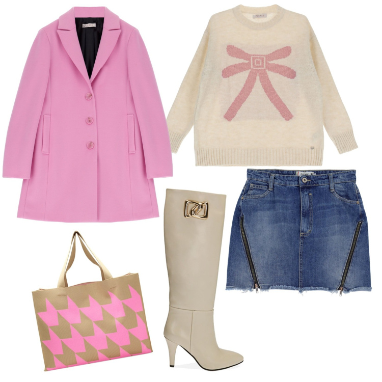 Outfit donna - Rosa primavera, Please. Stile Trendy per Tutti i giorni. Abbinamento con cappotti, pullovers, minigonne, borse a spalla, stivali.